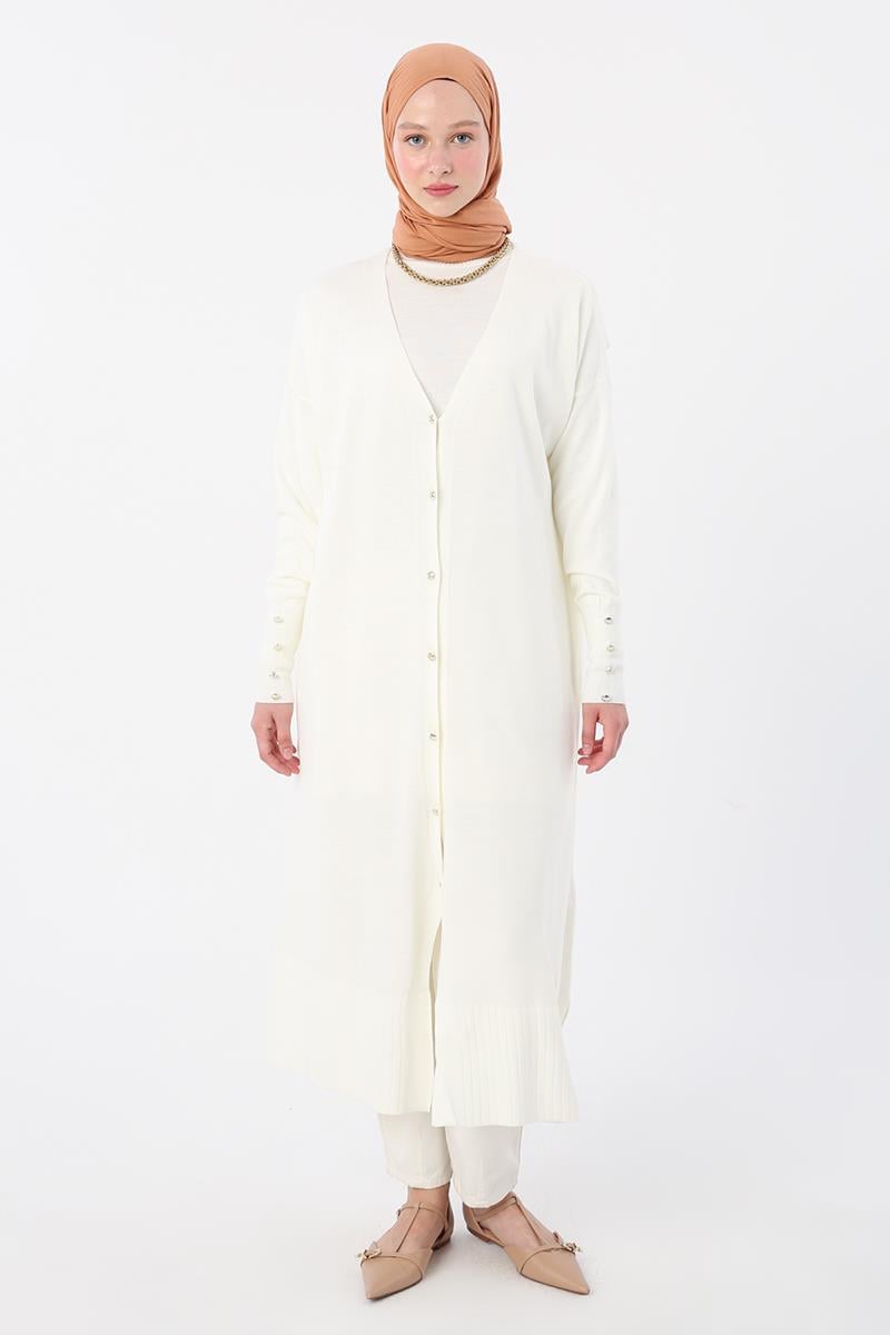 Ecru-V-Neck Buttoned Long Knitted Cardigan