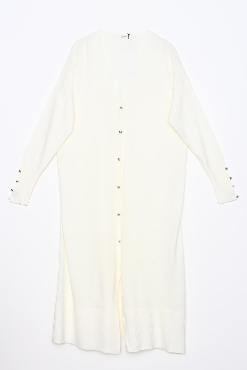 Ecru-V-Neck Buttoned Long Knitted Cardigan