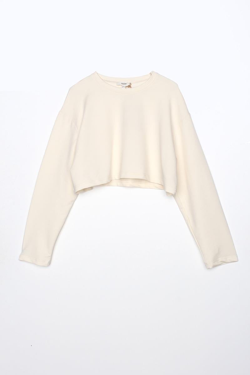 Ecru01-Crew Neck Long Sleeve Crop