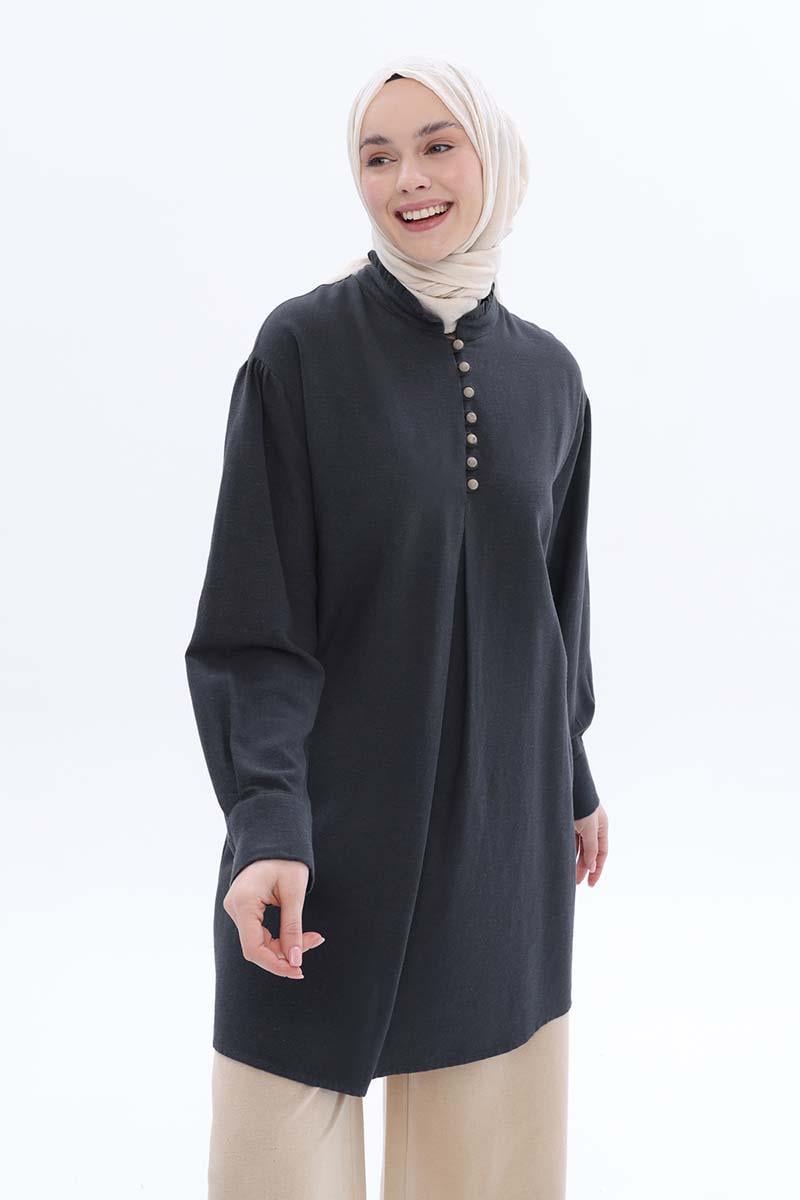 Füme-Hakim Yaka Biritli Keten Tunik