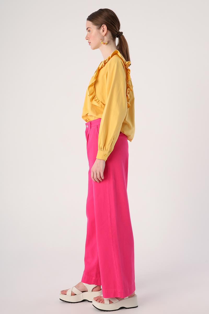 Fuchsia-100% Cotton Pleated Wide Leg Pocket Trousers