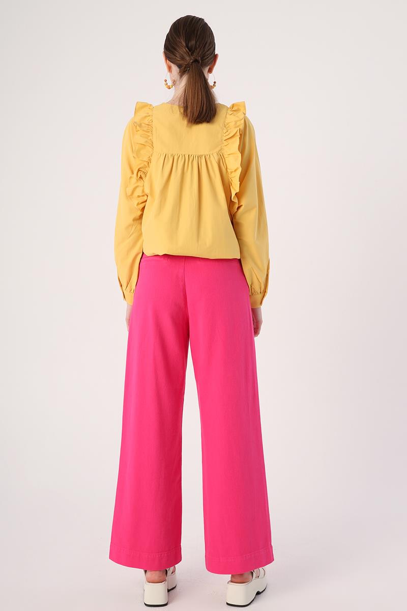 Fuchsia-100% Cotton Pleated Wide Leg Pocket Trousers
