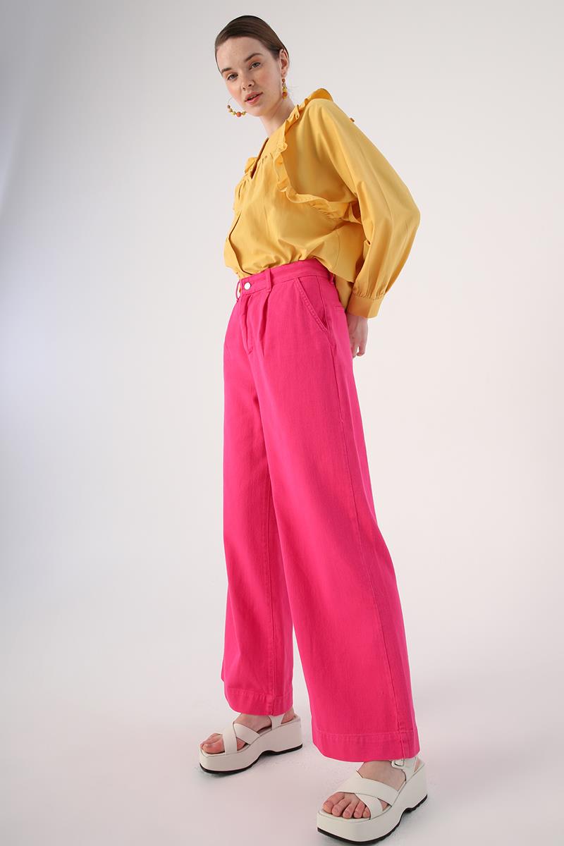 Fuchsia-100% Cotton Pleated Wide Leg Pocket Trousers