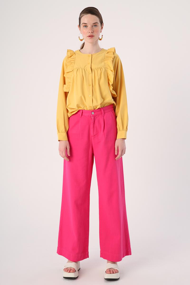 Fuchsia-100% Cotton Pleated Wide Leg Pocket Trousers