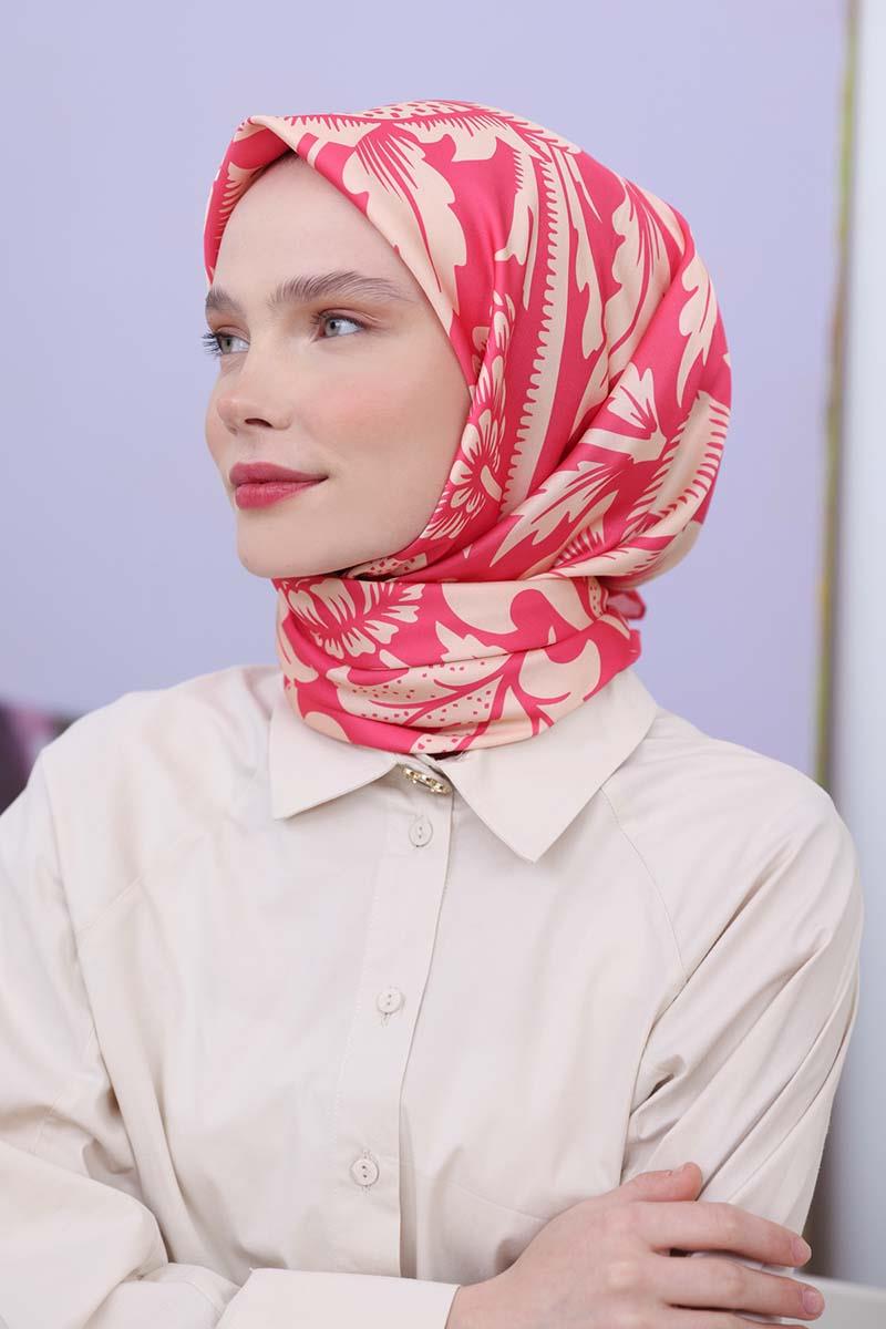 Fuşya-Bej-Desenli Twil Nora Eşarp