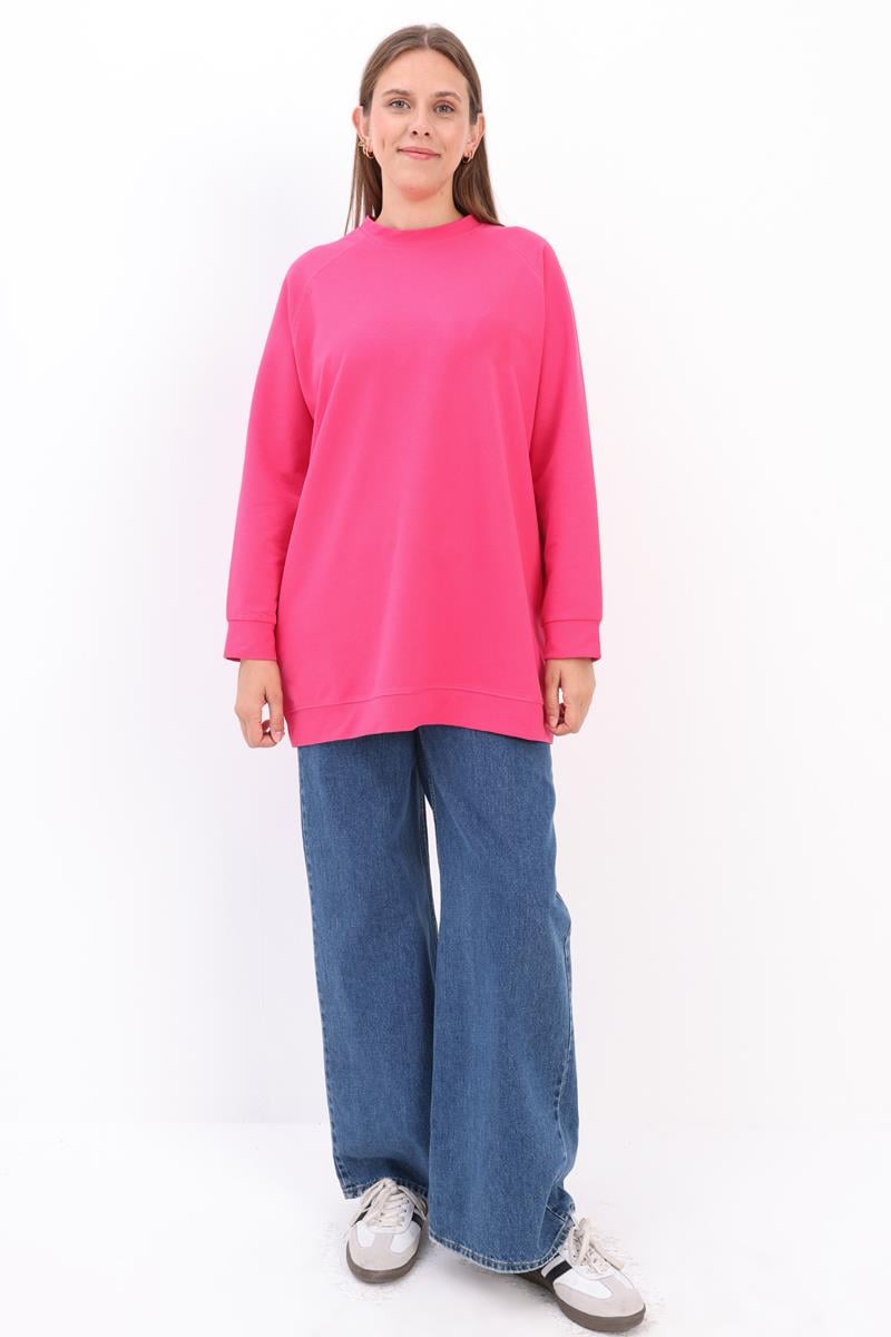 Fuşya-Bisiklet Yaka Reglan Kol Sweatshirt