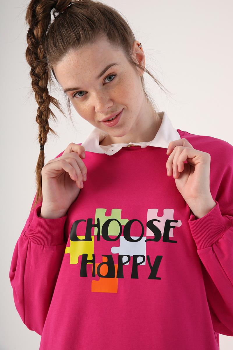 Fuşya-Oversize Bisiklet Yaka Baskılı Sweatshirt