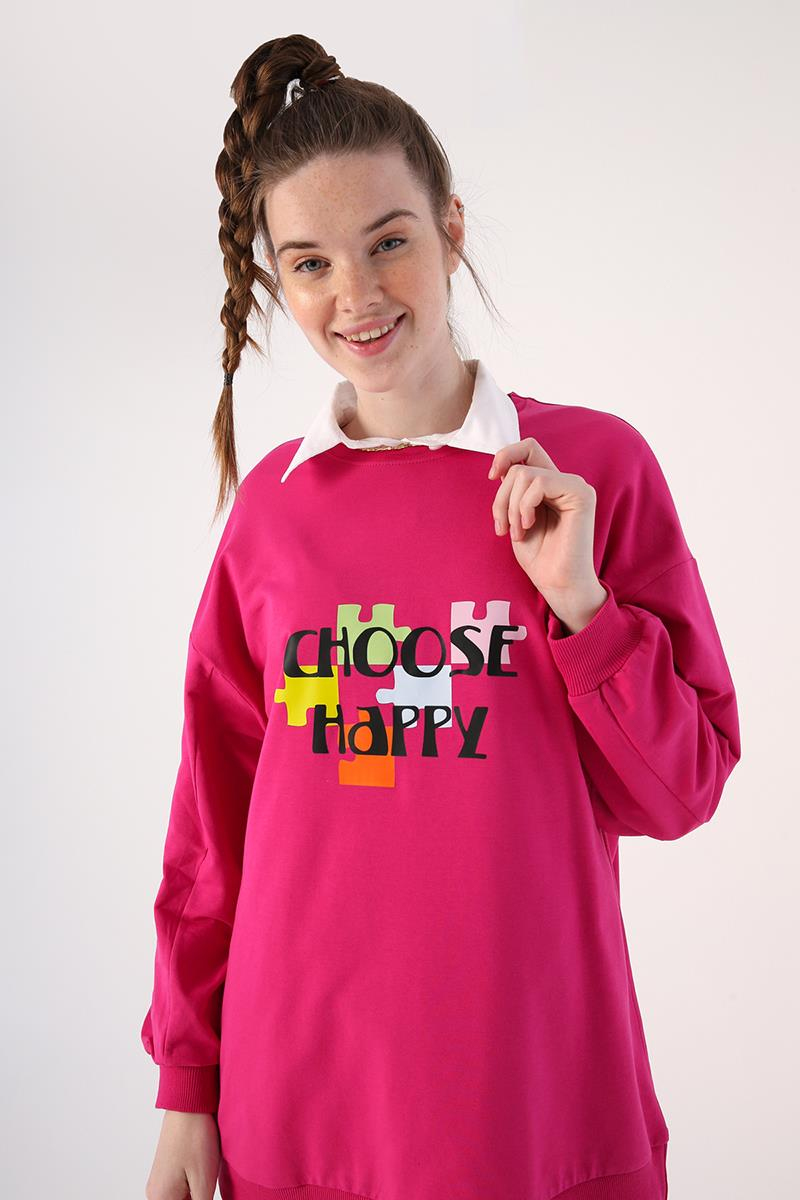 Fuşya-Oversize Bisiklet Yaka Baskılı Sweatshirt