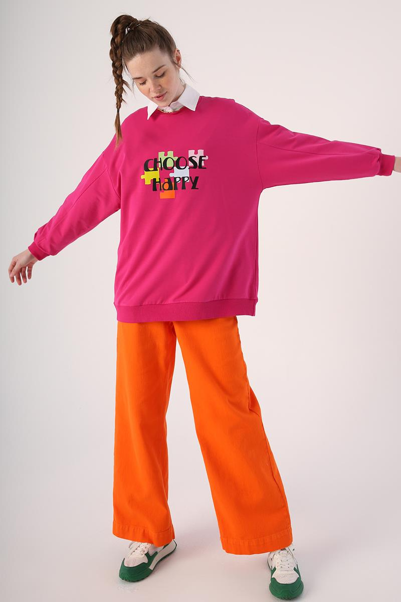 Fuşya-Oversize Bisiklet Yaka Baskılı Sweatshirt