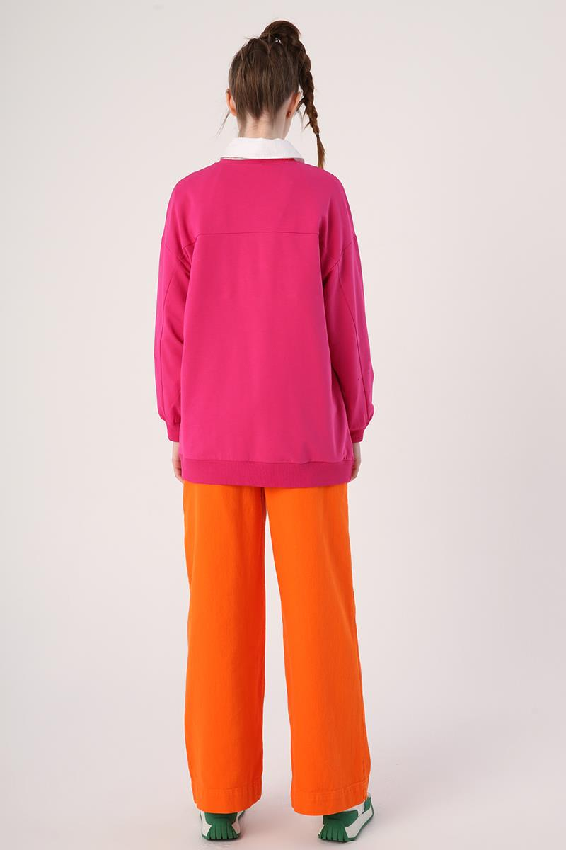 Fuşya-Oversize Bisiklet Yaka Baskılı Sweatshirt