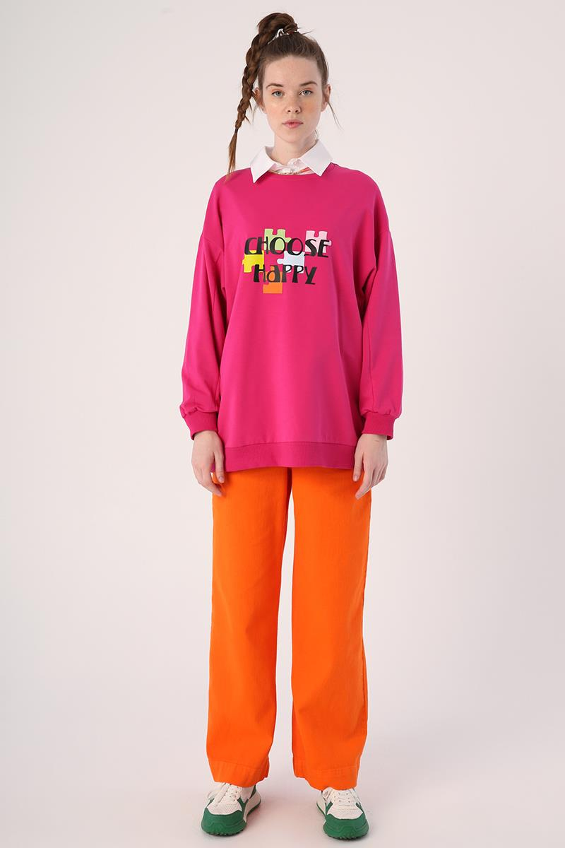 Fuşya-Oversize Bisiklet Yaka Baskılı Sweatshirt