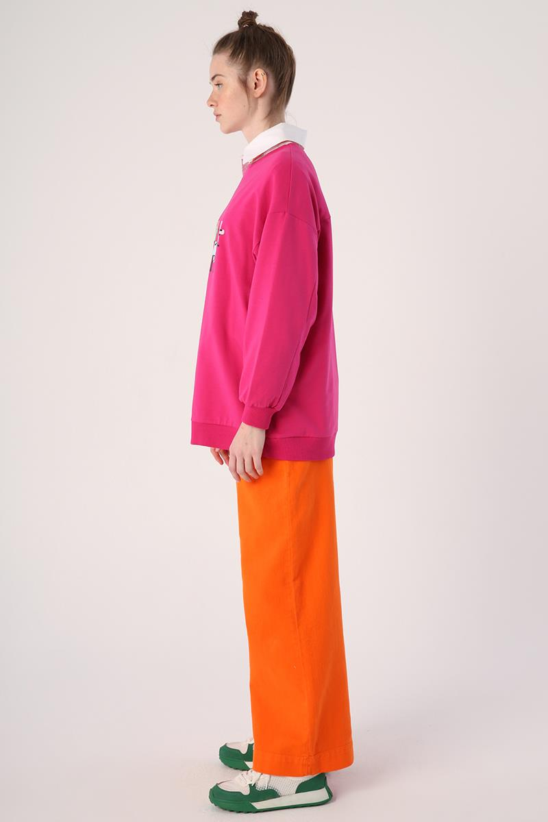 Fuşya-Oversize Bisiklet Yaka Baskılı Sweatshirt