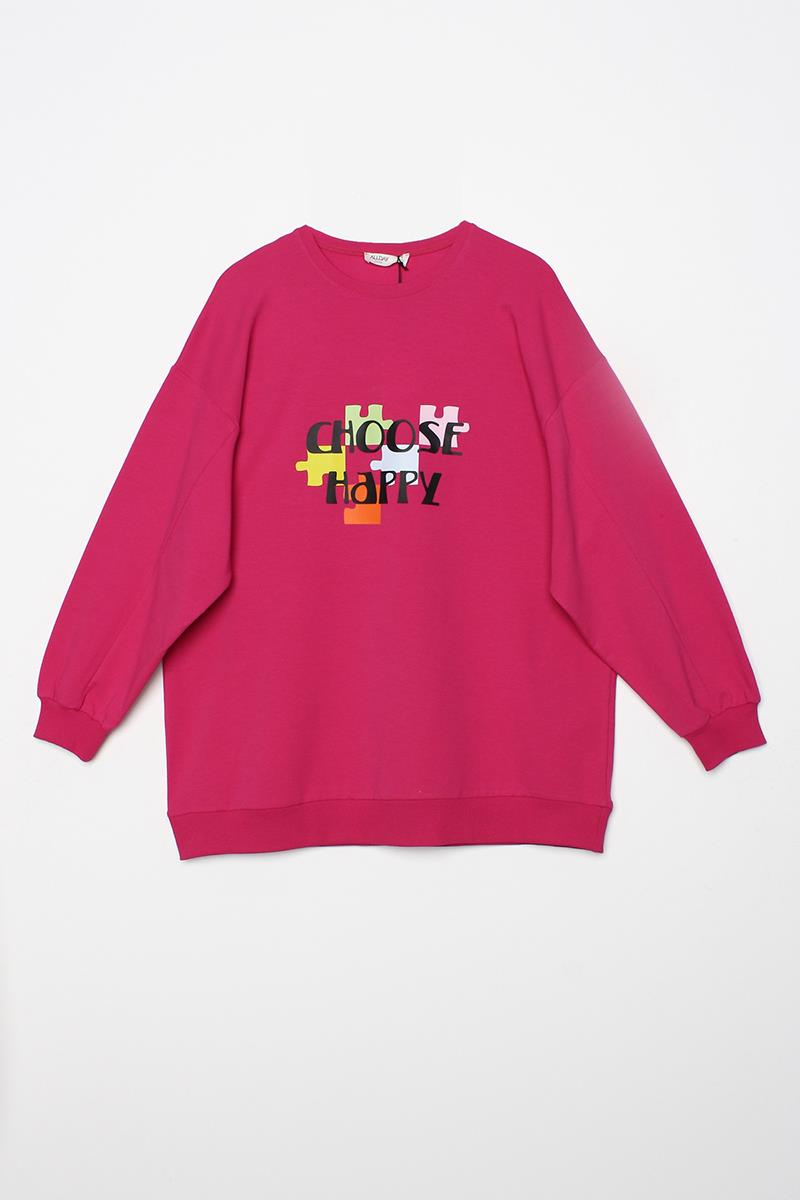 Fuşya-Oversize Bisiklet Yaka Baskılı Sweatshirt