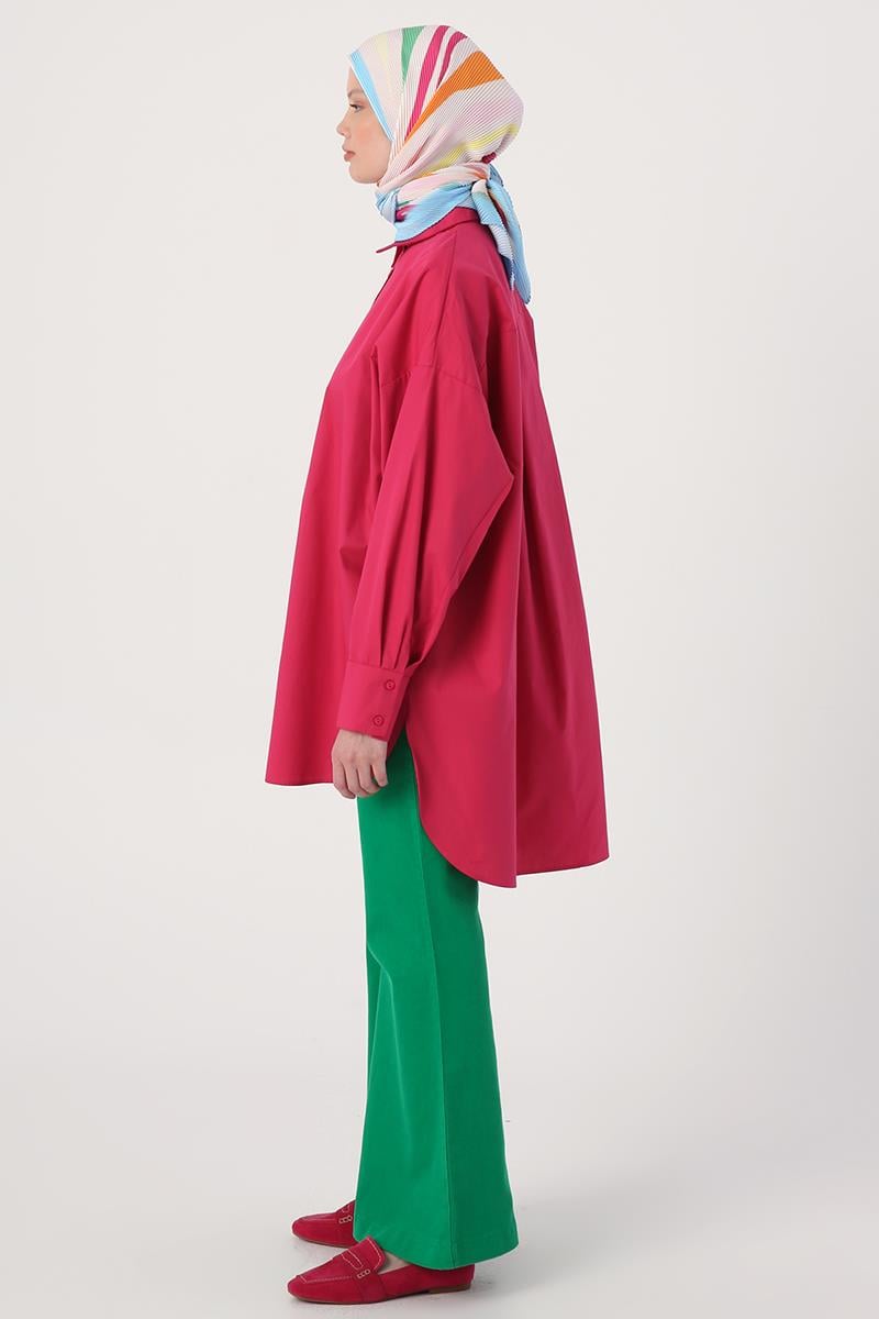 Fuşya-Oversize Cepli Gömlek Tunik