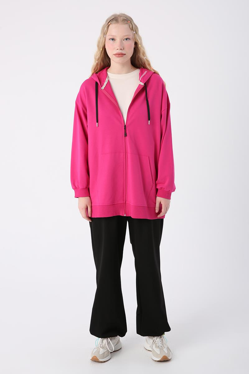 Fuşya-Pamuklu Oversize Kapüşonlu Sweat Hırka