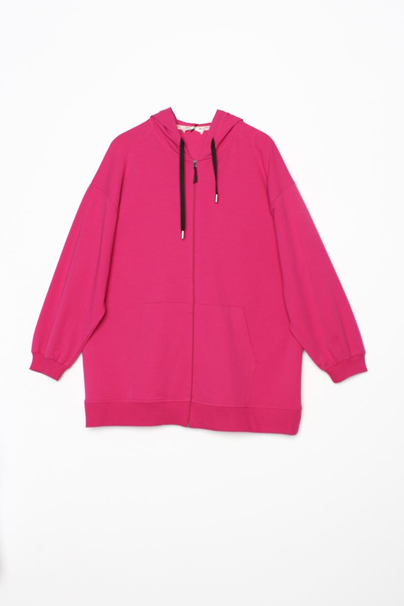 Fuşya-Pamuklu Oversize Kapüşonlu Sweat Hırka