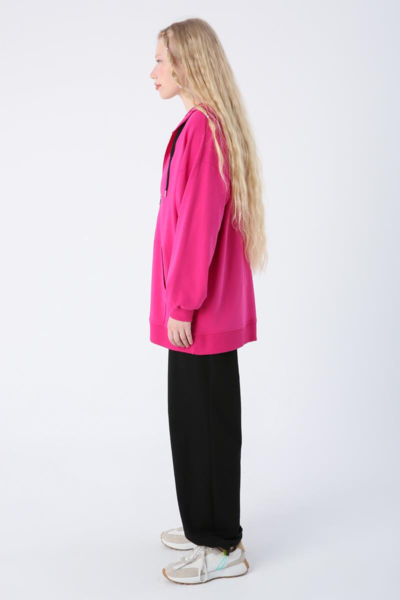 Fuşya-Pamuklu Oversize Kapüşonlu Sweat Hırka