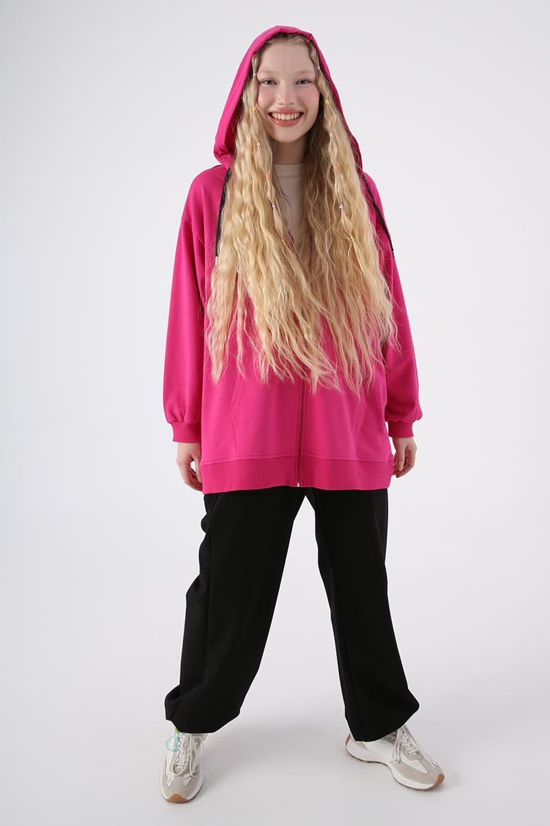 Fuşya-Pamuklu Oversize Kapüşonlu Sweat Hırka