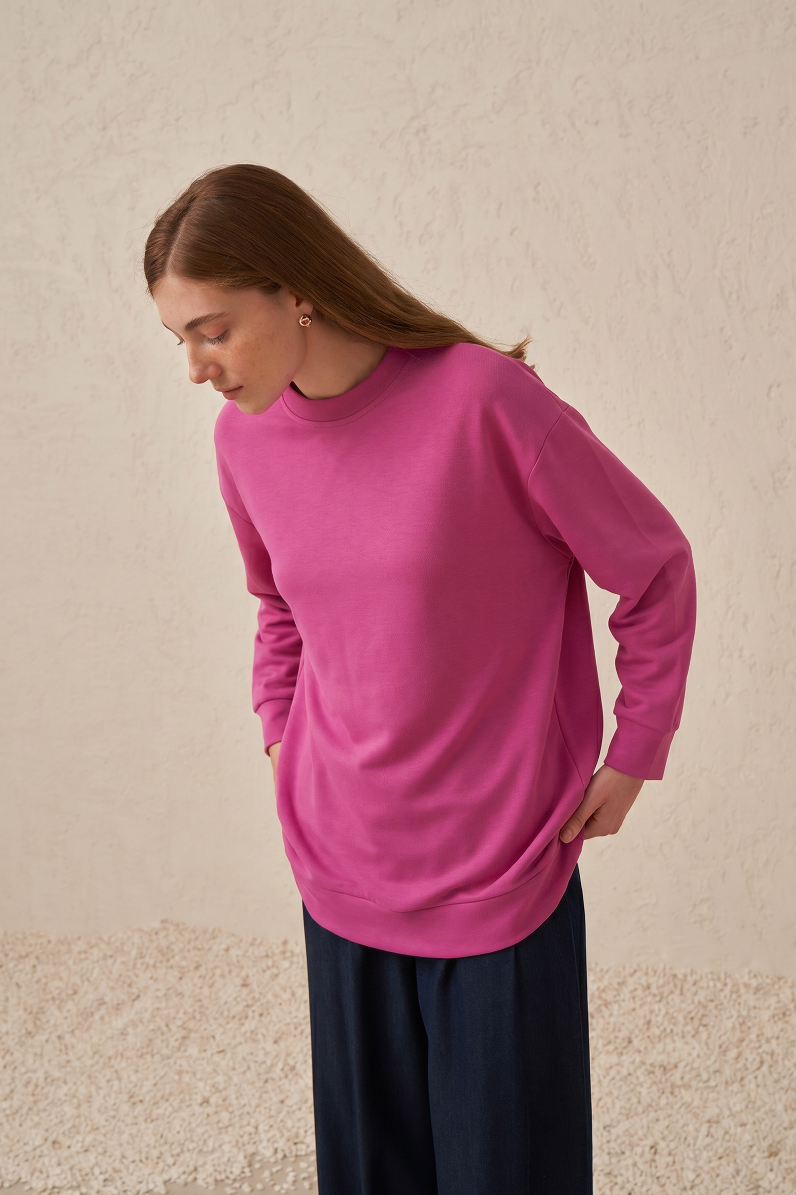 Fuşya-Yumuşak Dokulu Sweatshirt