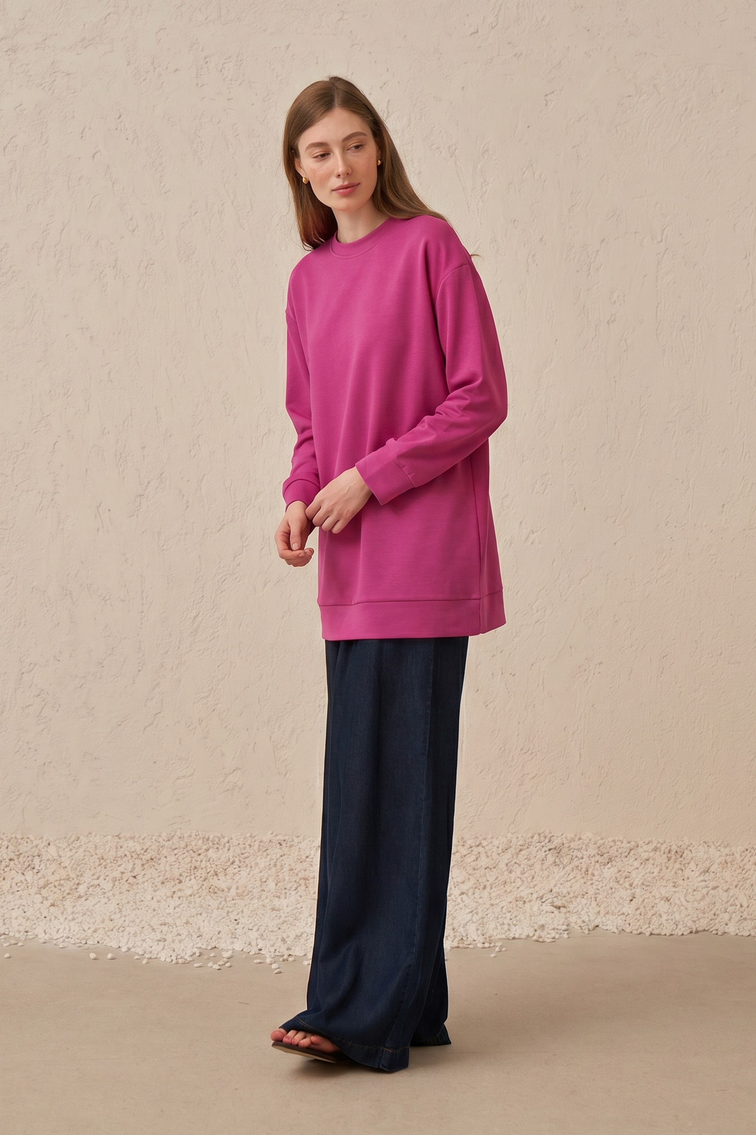 Fuşya-Yumuşak Dokulu Sweatshirt
