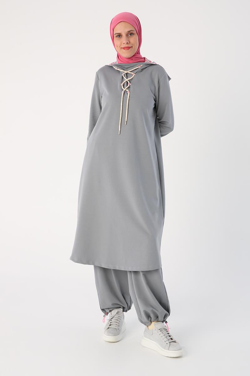Gri-Bağlama Detaylı Kapüşonlu Uzun Tunik