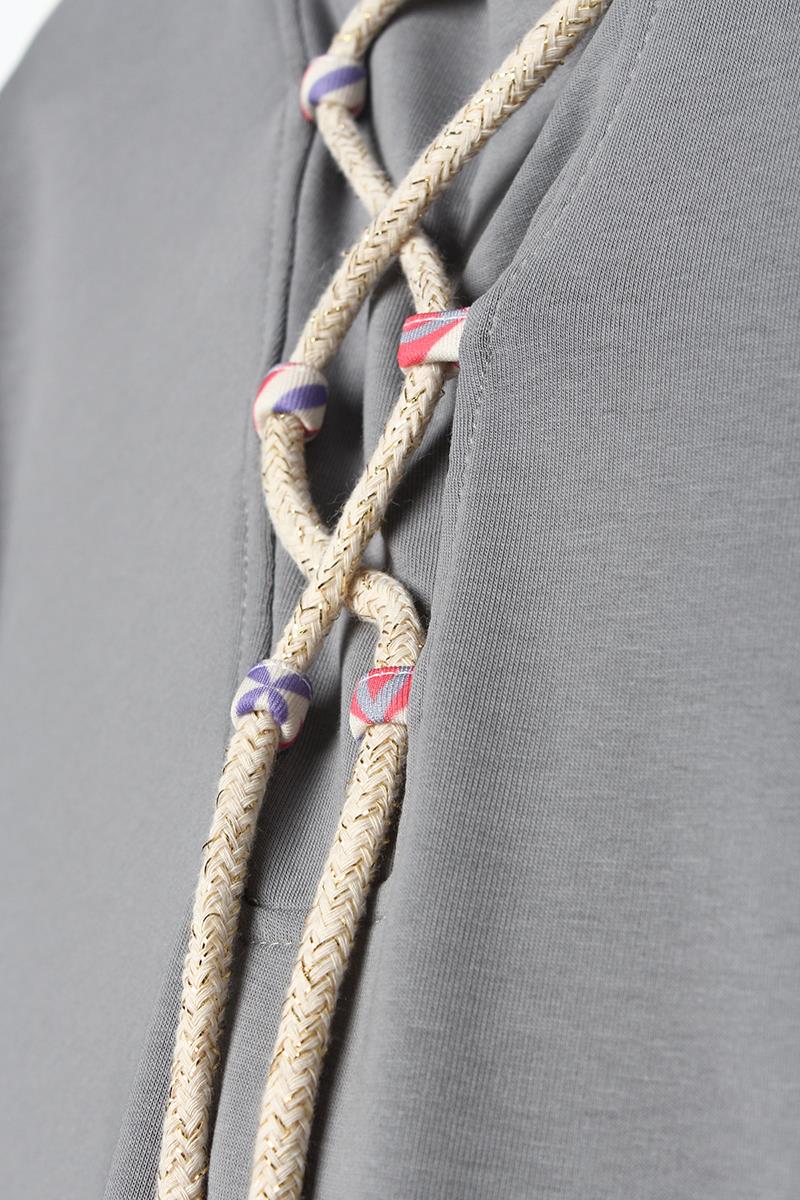 Gri-Bağlama Detaylı Kapüşonlu Uzun Tunik