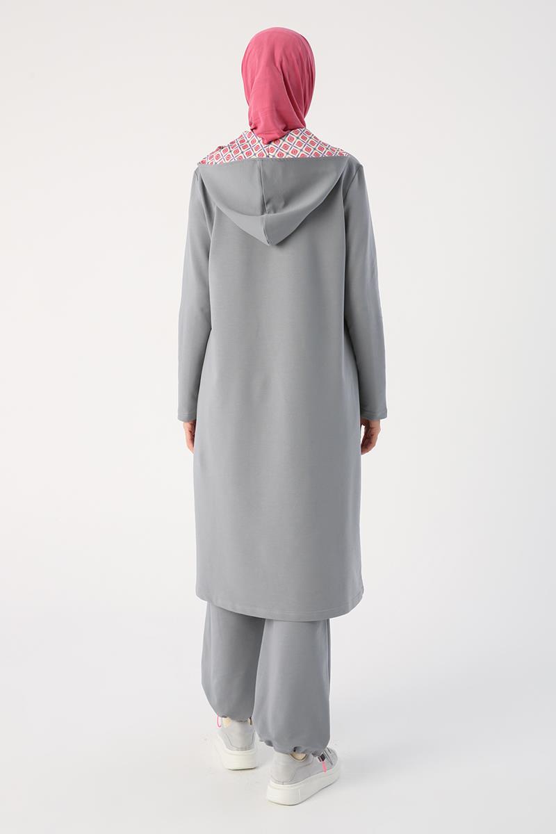 Gri-Bağlama Detaylı Kapüşonlu Uzun Tunik