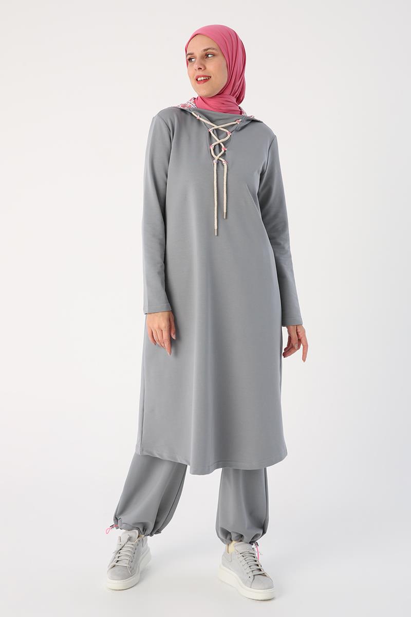 Gri-Bağlama Detaylı Kapüşonlu Uzun Tunik