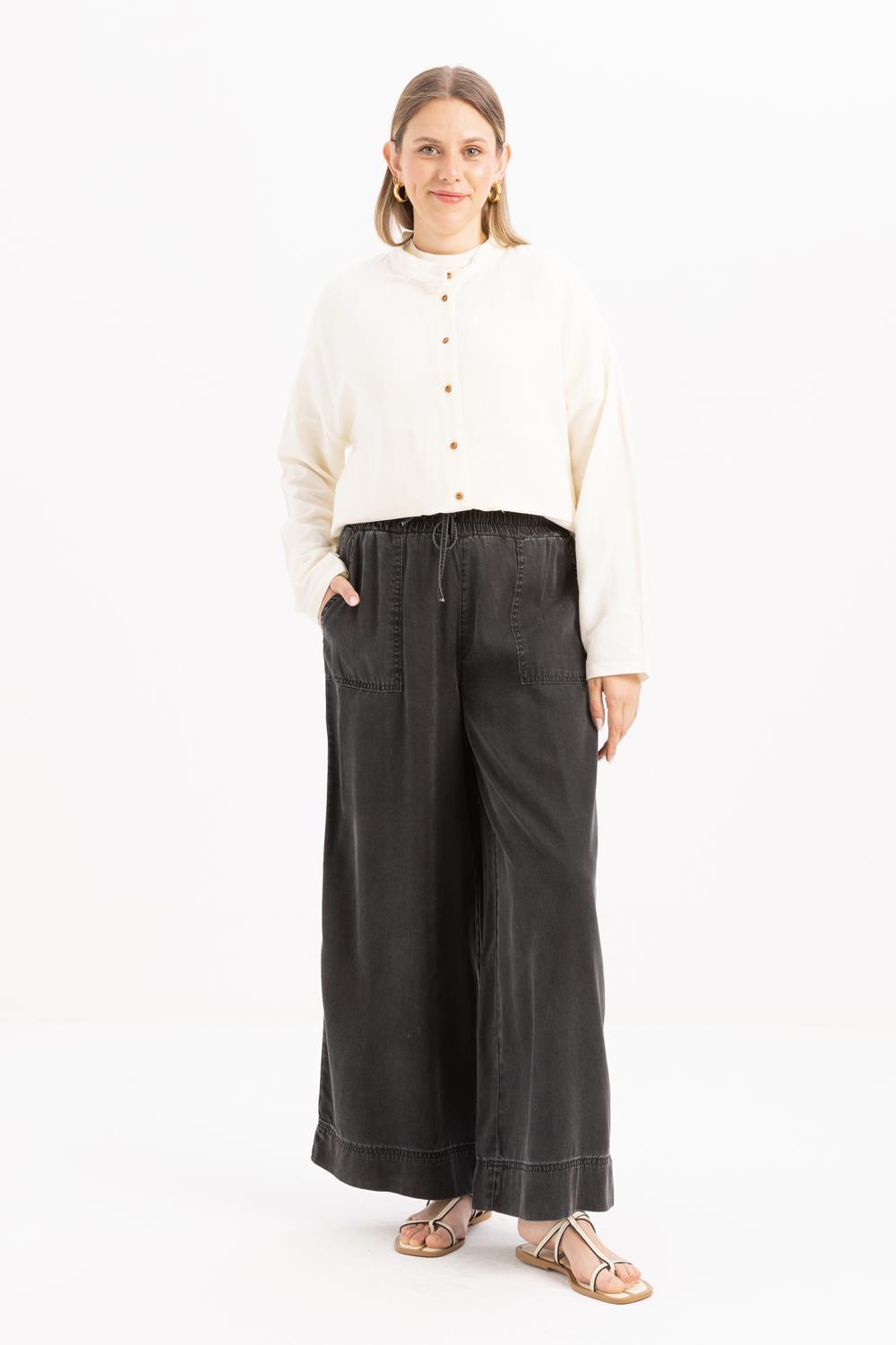 Gri-Beli Lastikli Bol Paça Denim Tencel Pantolon