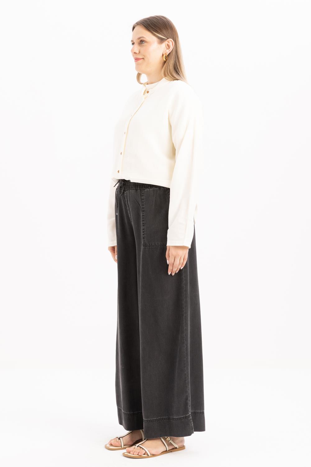 Gri-Beli Lastikli Bol Paça Denim Tencel Pantolon