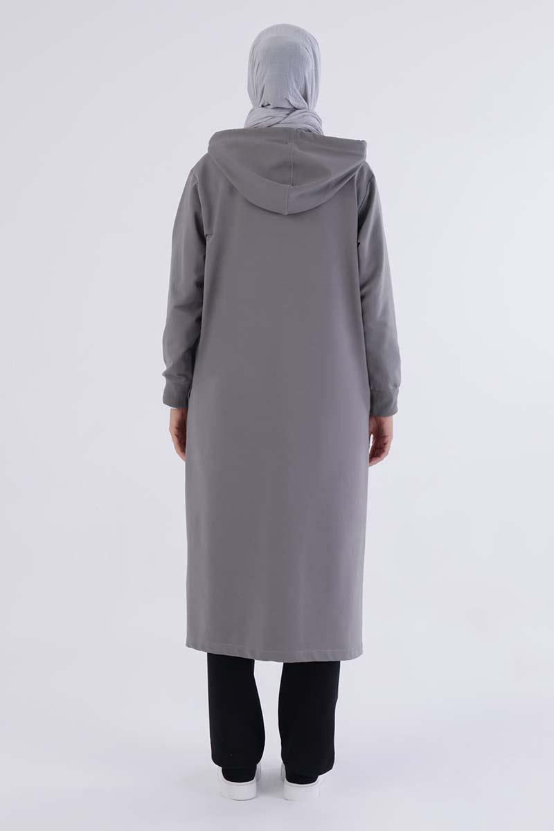 Gri-Decigive Nakışlı Sweat Hırka