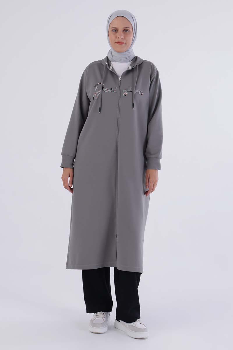Gri-Decigive Nakışlı Sweat Hırka