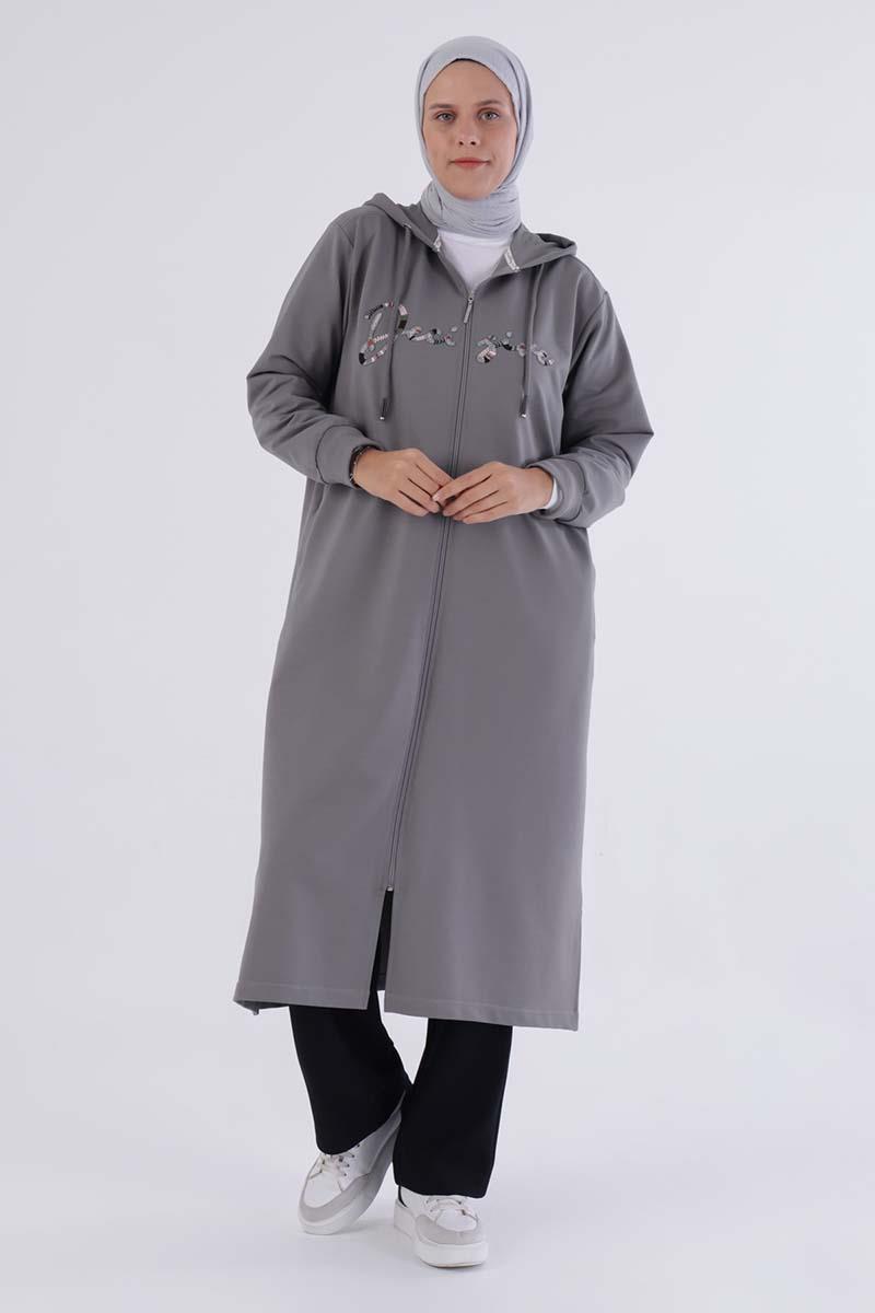 Gri-Decigive Nakışlı Sweat Hırka