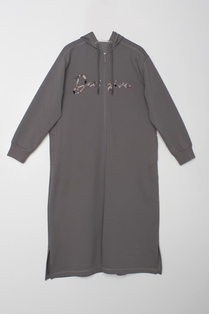 Gri-Decigive Nakışlı Sweat Hırka