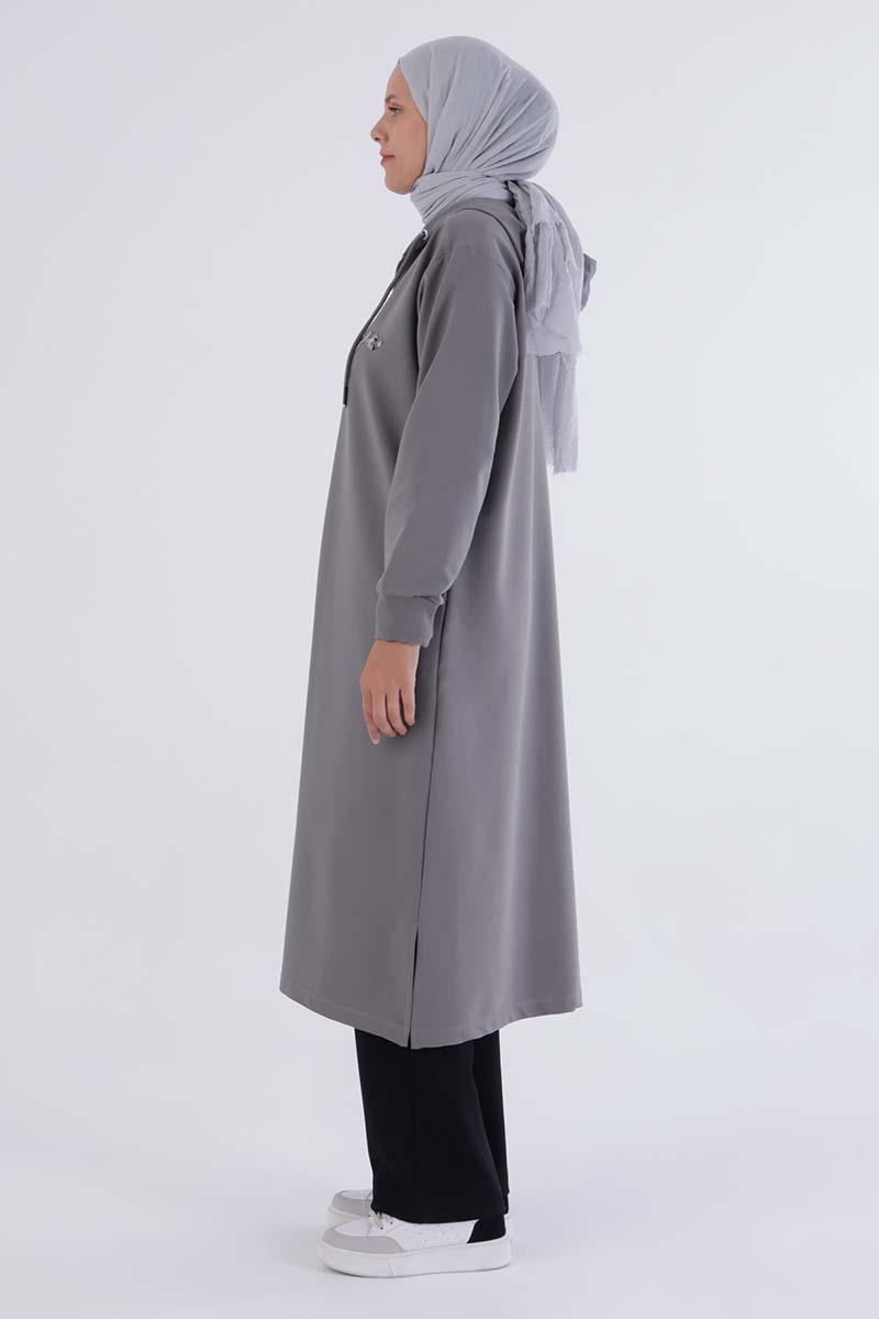 Gri-Decigive Nakışlı Sweat Hırka
