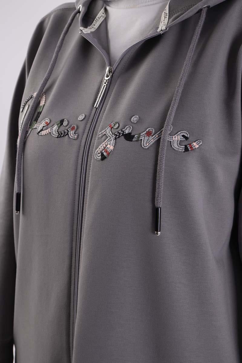 Gri-Decigive Nakışlı Sweat Hırka