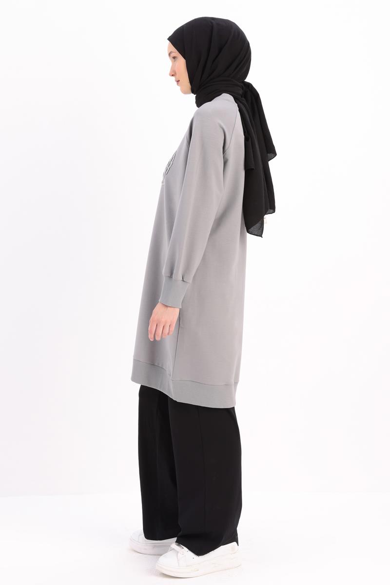 Gri-Faıth Yazılı Nakışlı Sweat Tunik