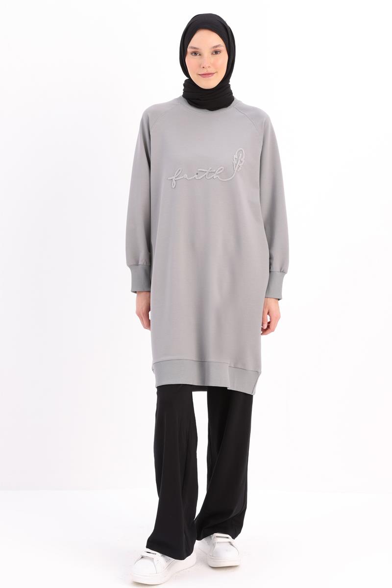 Gri-Faıth Yazılı Nakışlı Sweat Tunik