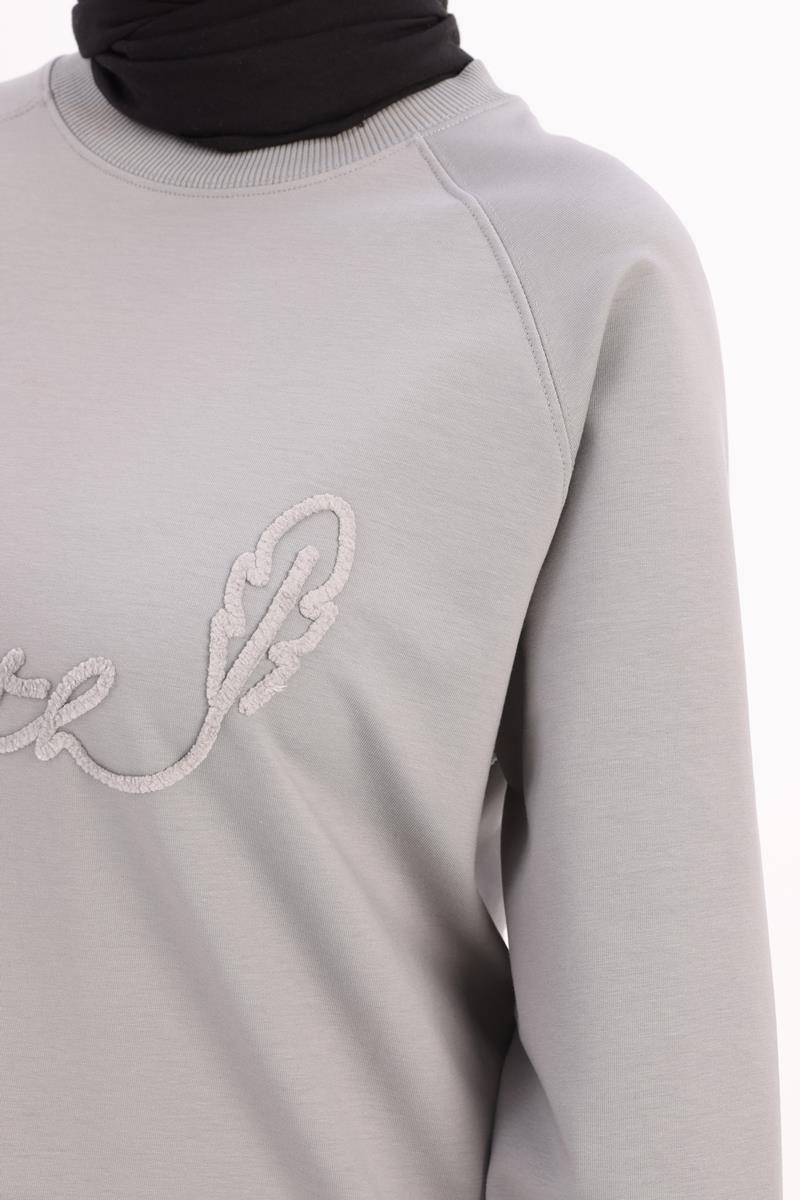 Gri-Faıth Yazılı Nakışlı Sweat Tunik