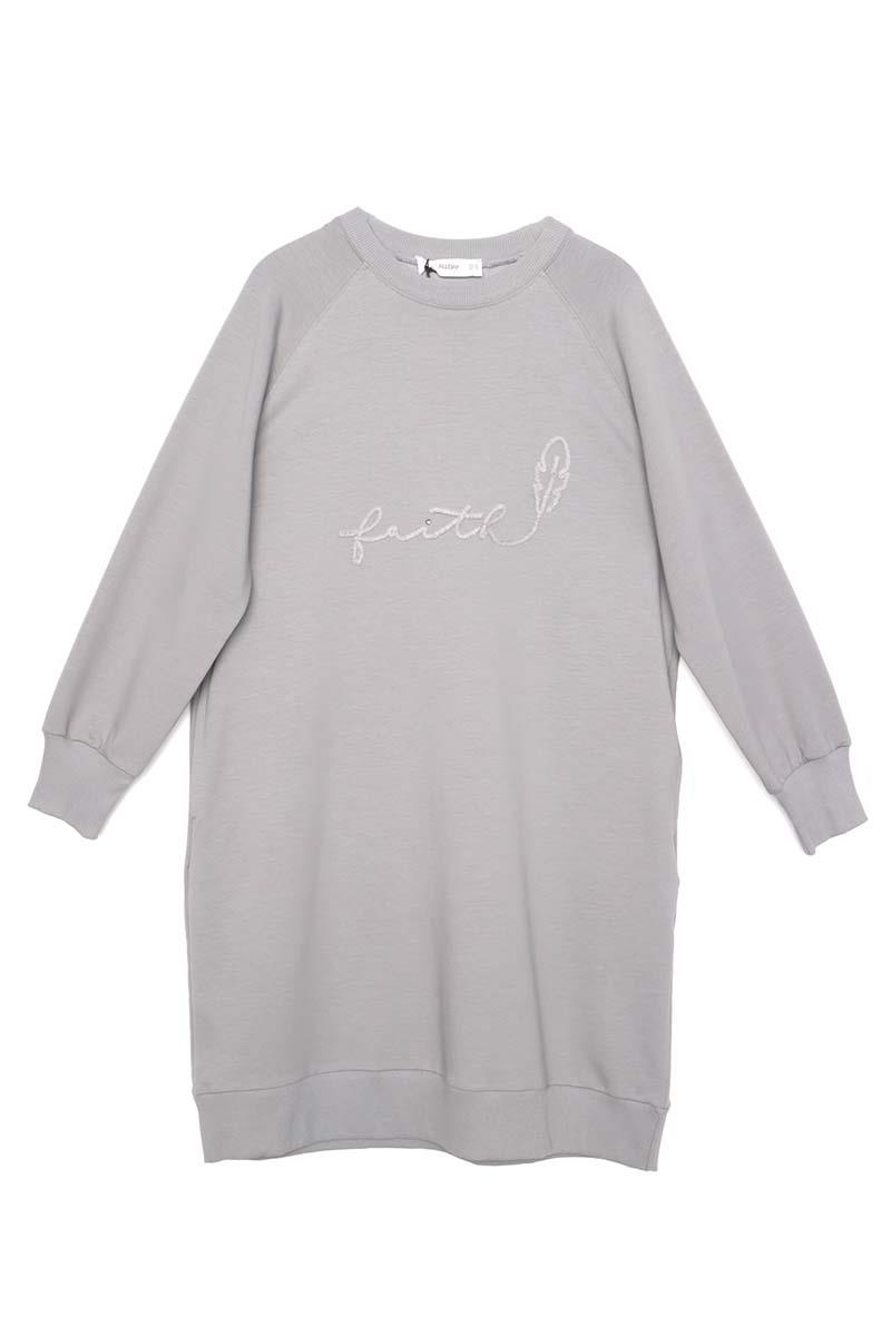 Gri-Faıth Yazılı Nakışlı Sweat Tunik
