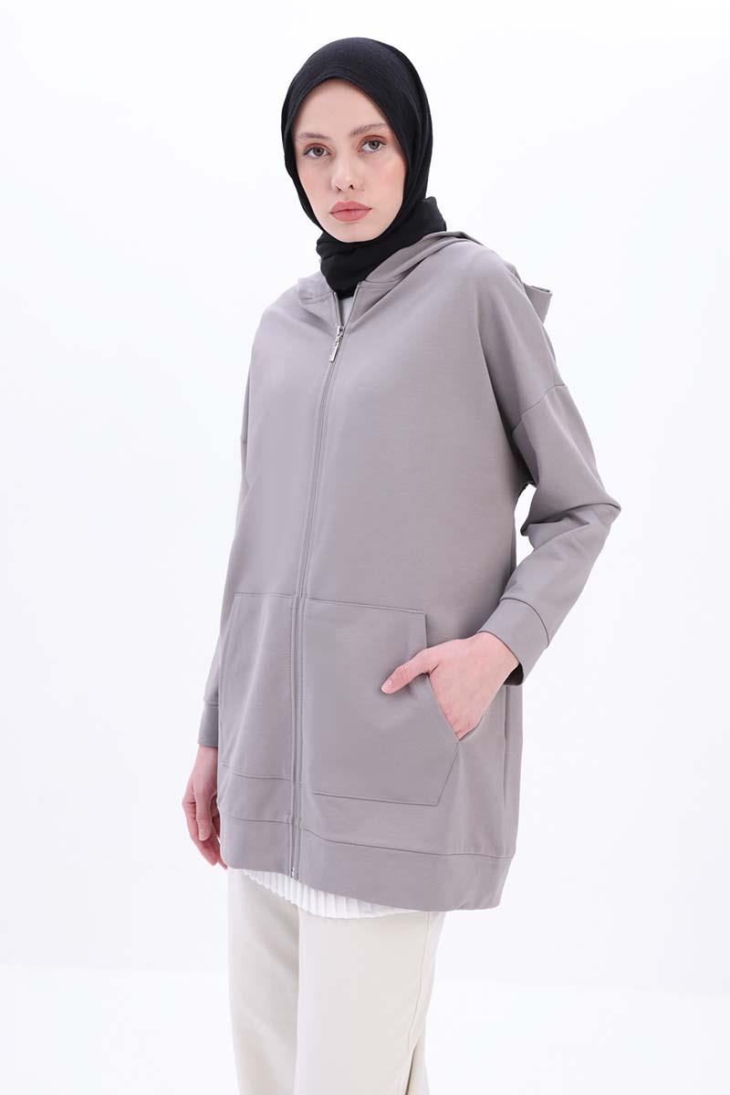 Gri-Fermuarlı Sweat Hırka