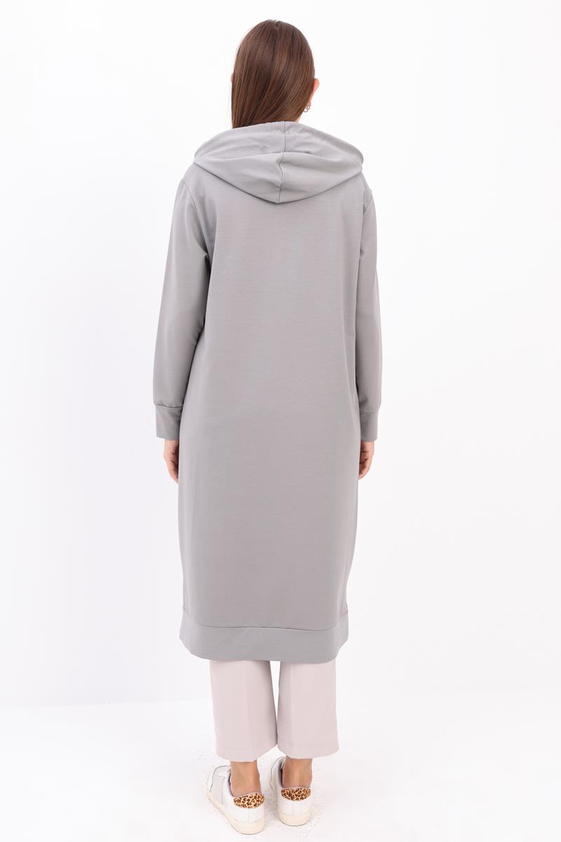 Gri-Leopar Bağcıklı Kapüşonlu Rahat Tunik
