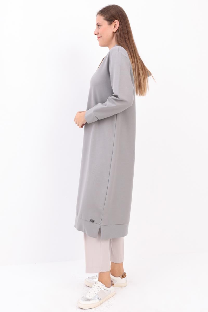 Gri-Leopar Bağcıklı Kapüşonlu Rahat Tunik