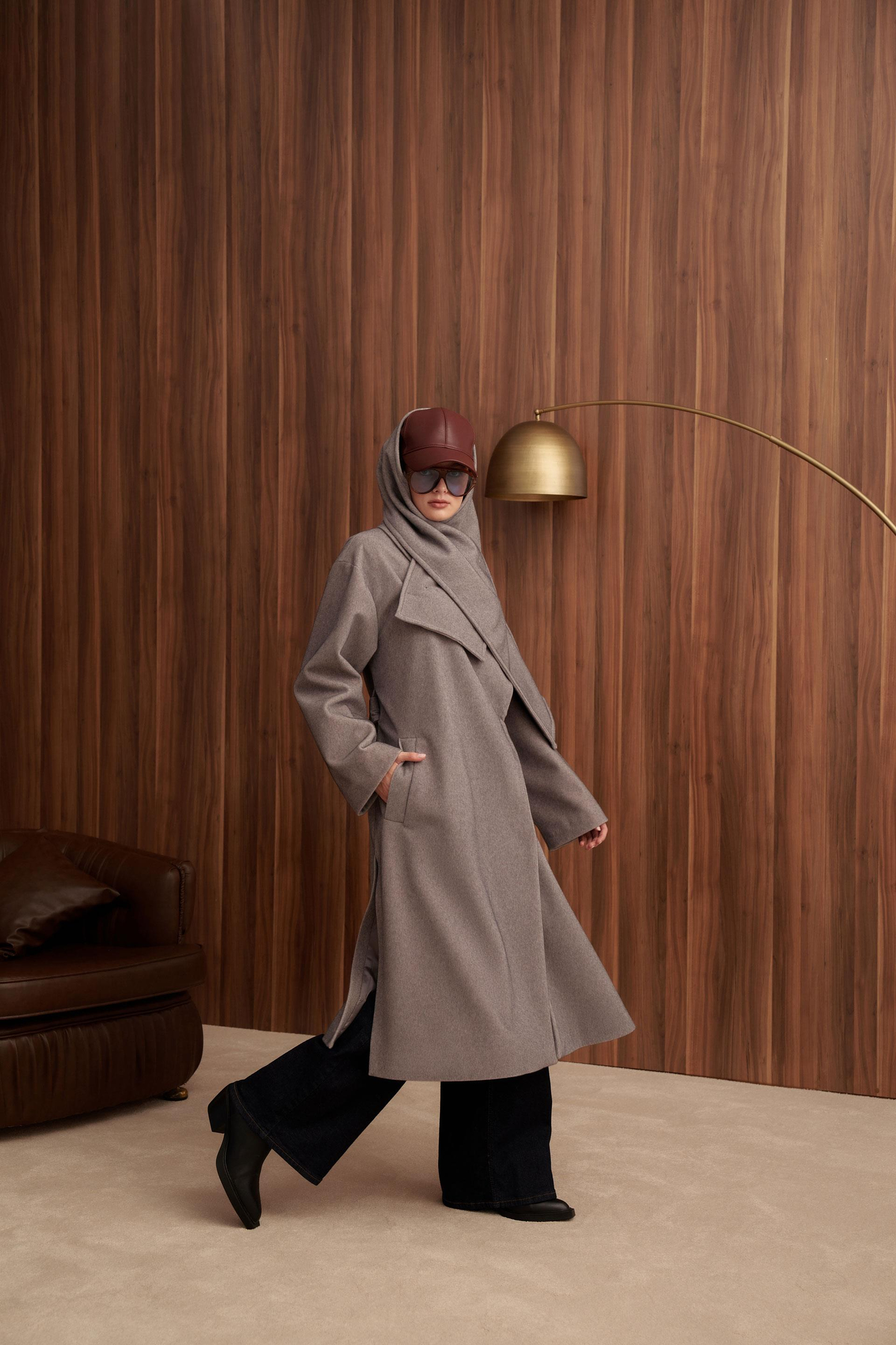 Gri Melanj-Atkılı Uzun Kaşe Kaban