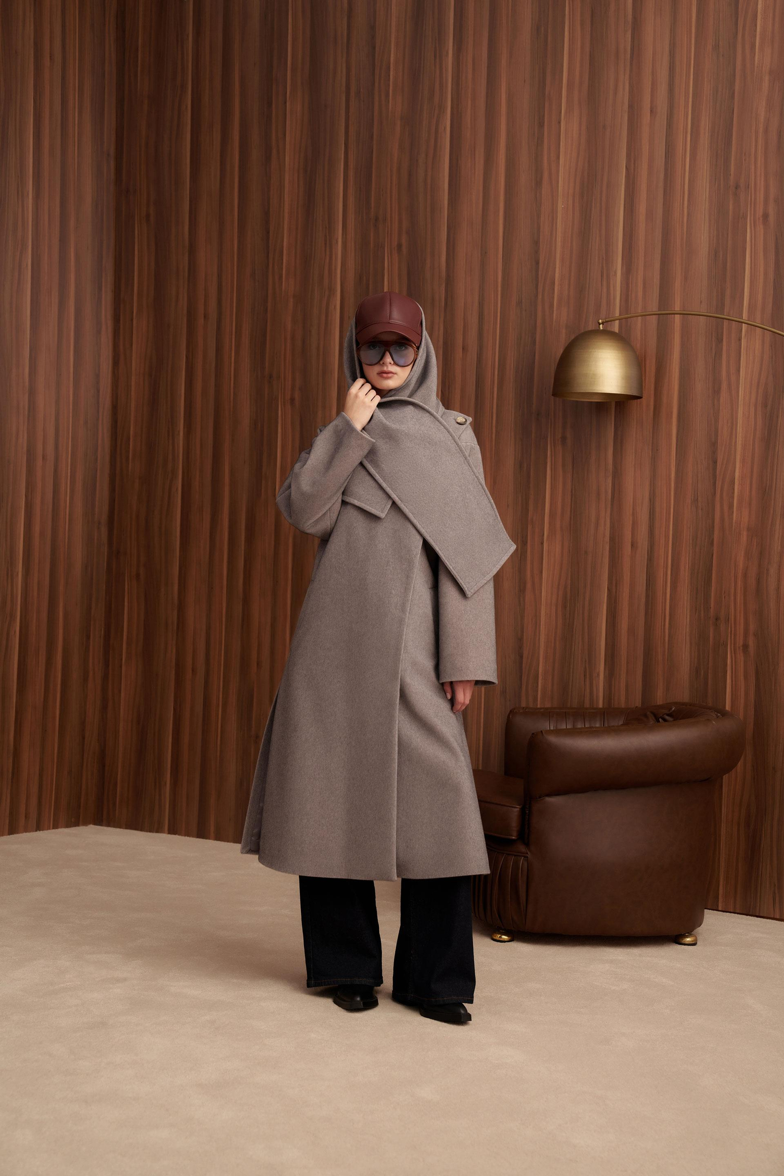 Gri Melanj-Atkılı Uzun Kaşe Kaban