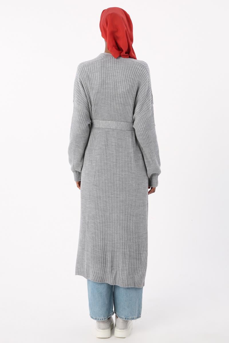 Cardigan long en maille côtelée gris chiné à ceinture