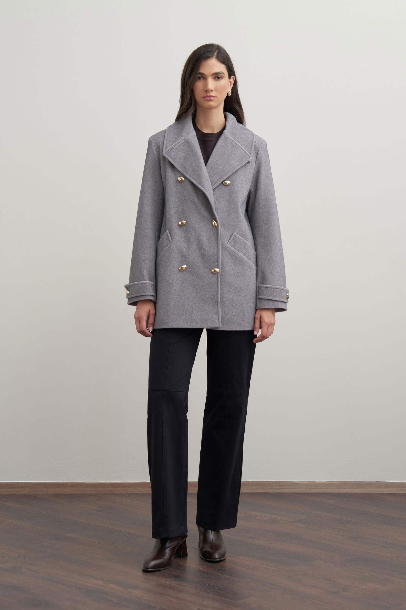 Gri Melanj-Gold Dügmeli Kaşe Kaban