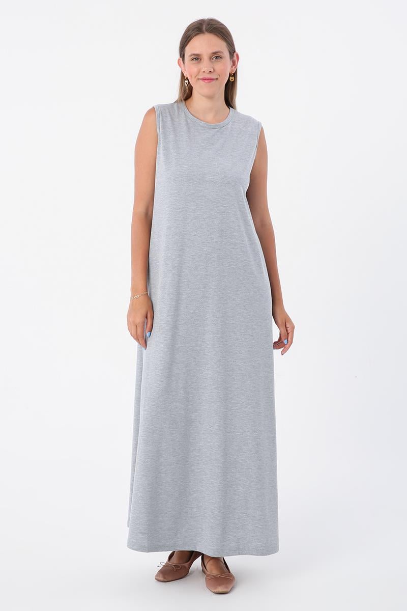 Gri Melanj-Pamuklu Bisiklet Yaka Kolsuz İçlik Elbise