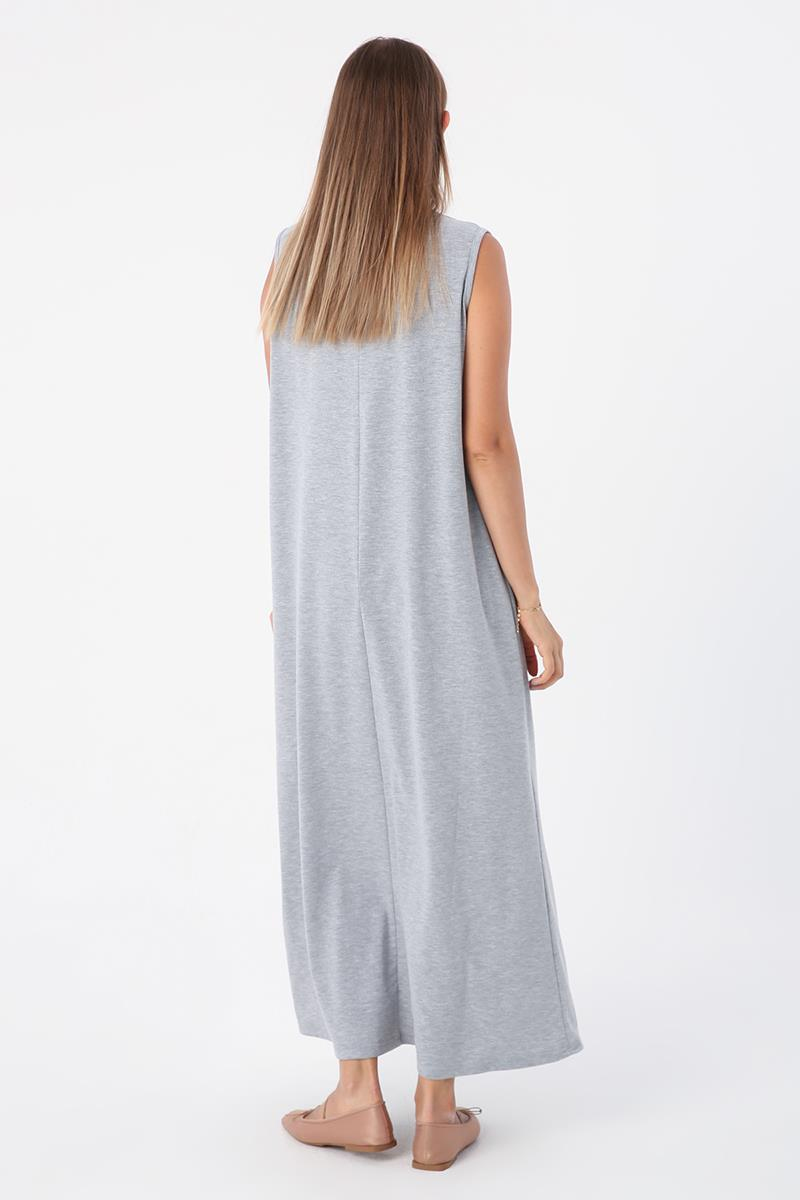 Gri Melanj-Pamuklu Bisiklet Yaka Kolsuz İçlik Elbise
