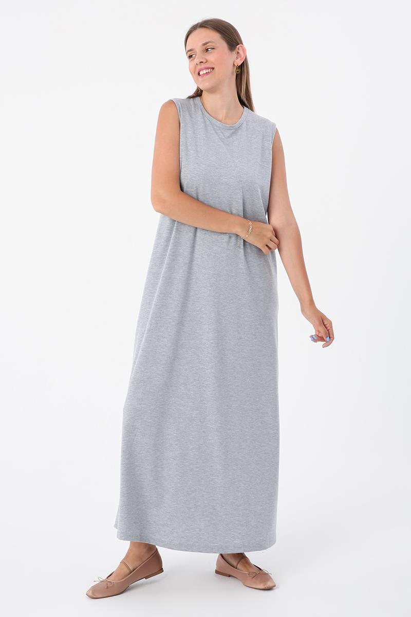 Gri Melanj-Pamuklu Bisiklet Yaka Kolsuz İçlik Elbise